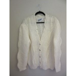 Women's Hand Knitted Mohair Vintage Cream Lucite Buttons Cardigan Rococo Sweater
